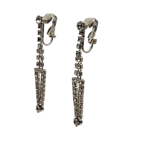 Vintage Dangle Rhinestone Earrings Clip On Clear Glass Silver Tone Drop MCM - Picture 6 of 6